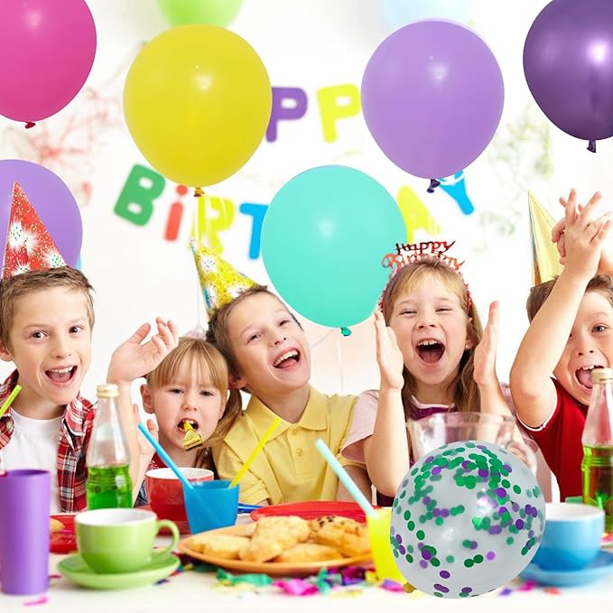 Patimate Birthday Balloons Set, 50 pcs 12 inch Hot Pink Metallic Purple Yellow Teal Confetti Latex Balloons Kit for Kid's Birthday Baby Shower Magic Theme Party Decorations