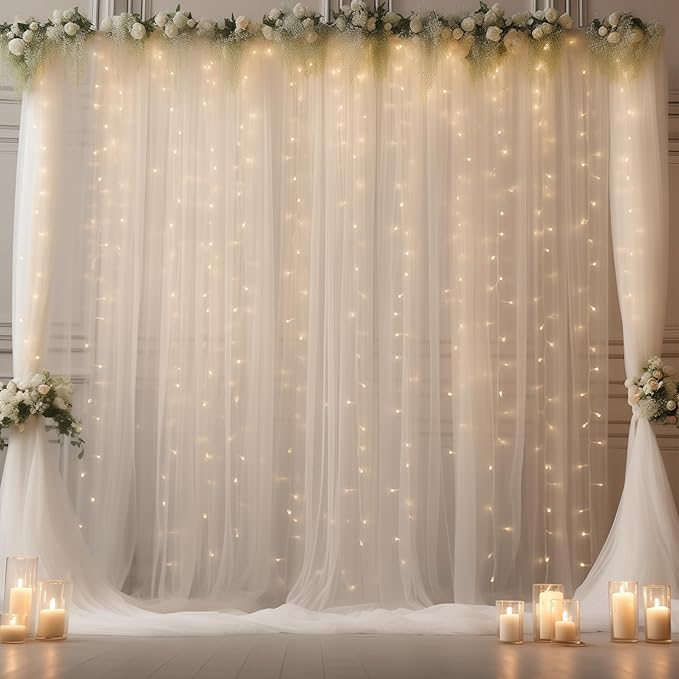 20ft x 10ft White Backdrop Curtain with Lights String for Parties, Sheer Tulle Wedding Photo Backdrops Drapes for Baby Shower Birthday Party Decorations Background for Photography