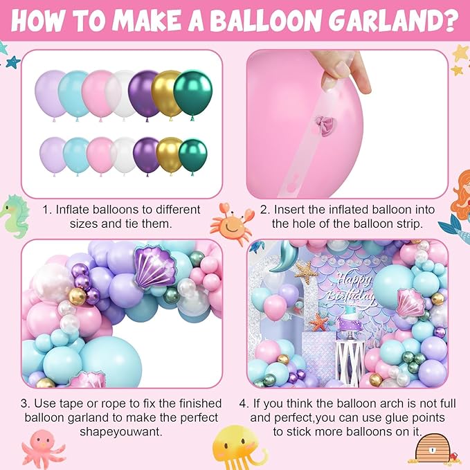 Mermaid Balloon Garland Arch Kit, Pastel Pink Purple Teal Blue Clear Latex Balloons with Mermaid Tail Seashell Foil balloons, for Girls Little mermaid Party Decorations Under the Sea Birthday Supplies