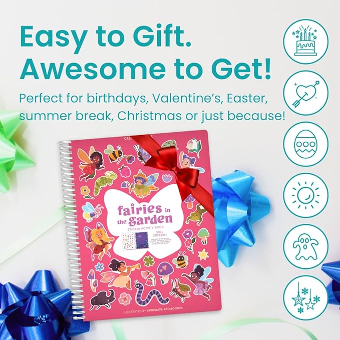 Fairies in The Garden by Cupkin, Toddler Sticker Book for Kids, Fairies Toy, Toddler Road Trip Essentials, 300+ Girly Stickers + 8 Sticker Scenes and Coloring Pages, Stickers Ages 2+