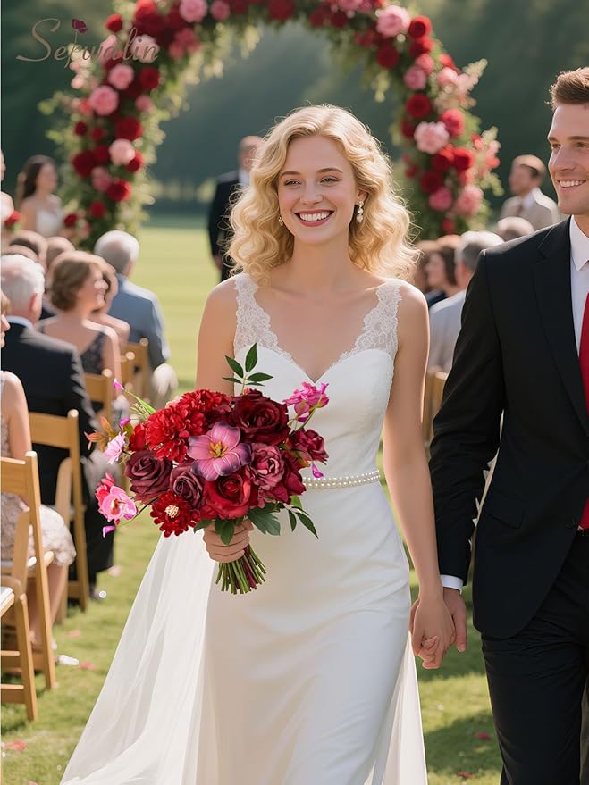 Serwalin Artificial Burgundy & Fuchsia Flowers, Silk Fake Flowers Stems for Wedding Bouquets DIY, Baby Shower Centerpieces, Cake Decor, Birthday Party & Home Decor