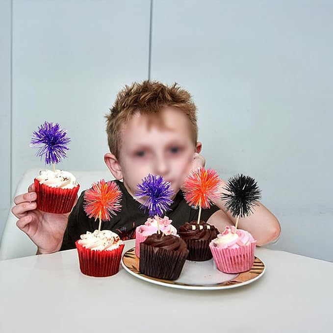 Gyufise 30Pcs Foil Firework Cupcake Toppers Sparkle Tinsel Cake Toppers Tinsel Drink Cake Decoration Cocktail Picks for Halloween Birthday Wedding Graduation Party Supplies Purple Black Orange