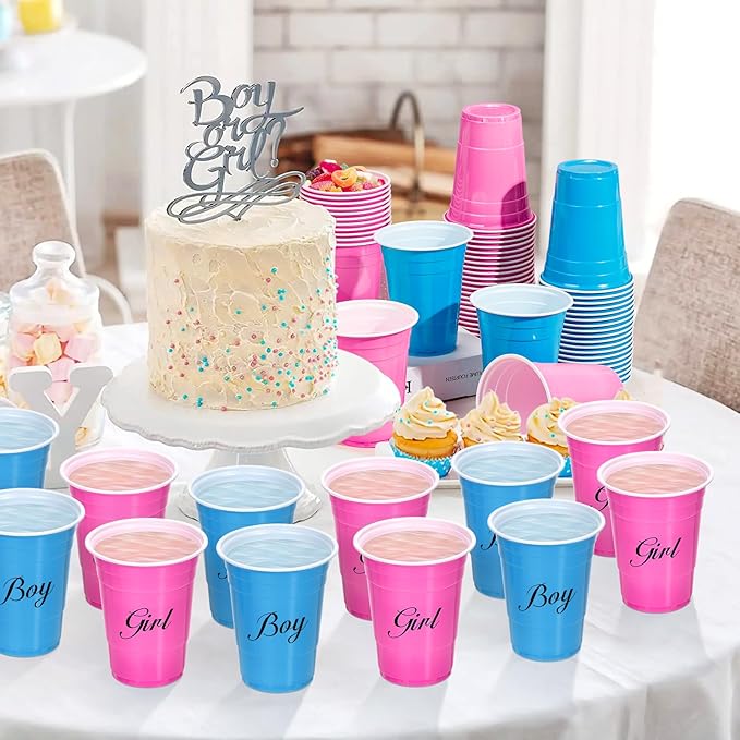 KesaPlan 100PCS 16oz Plastic Cups Bulk, Blue and Pink Disposable Cups for Gender Reveal Party Supplies, Drinking Cups for Baby Shower Decoration, Birthday, Family Gathering, Holiday Theme Events