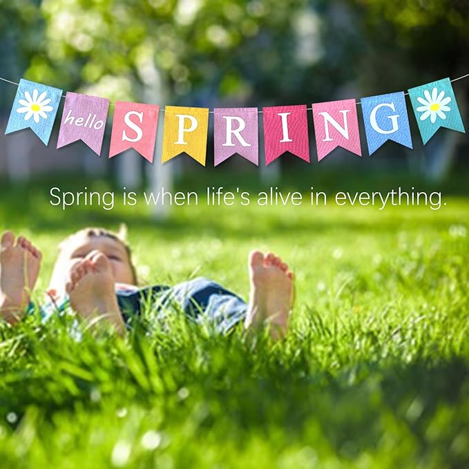 Hello Spring Banner,Pre-assembled Burlap Happy Easter Decorations Welcome Spring Mantle Felt Garland Colorful Party Supplies for Classroom Office Decor