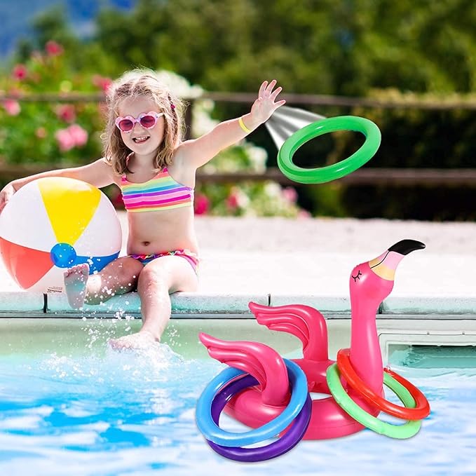Camlinbo 15 Pcs Inflatable Flamingo Pool Toys Ring Toss Pool Game, Flamingos Luau Party Decor Hawaiian Beach Toys Carnival Outdoor Luau Party Games Supplies for Adults Family