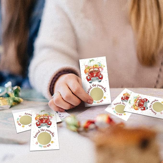 REWIDPARTY Thanksgiving Party Game Scratch Off Cards(32 PCS) Pumpkin Truck Scratch Off Cards Funny Thanksgiving Raffle Tickets Prizes for Family Kids Adults Harvest Pumpkin Party Game Supplies