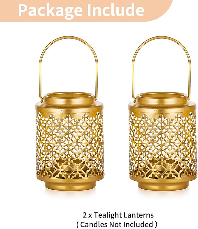 NUPTIO Decorative Candle Lanterns Gold: 2 Pcs Hanging Metal Tea Light Candles Holder 4.1inch Small Vintage Tealight Lantern Centerpiece for Christmas Wedding Party Table Decorations (Style 1)