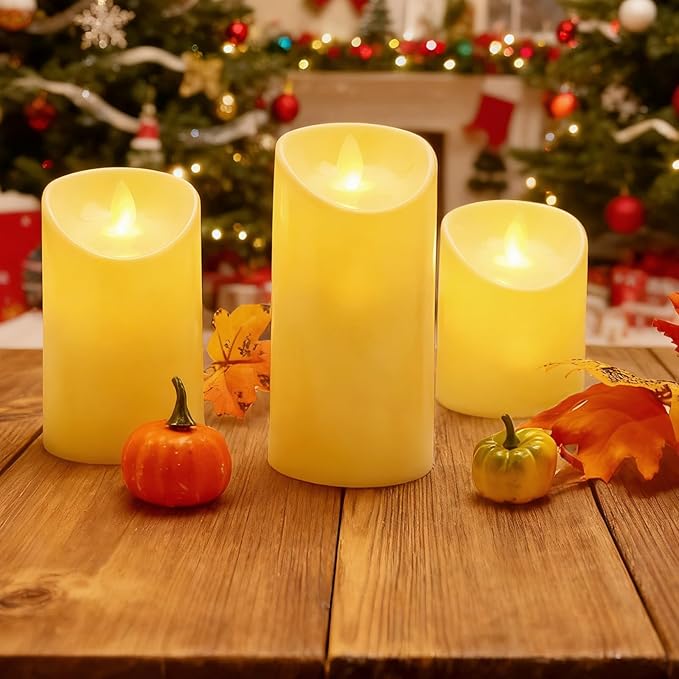 Christmas Candle Holder with 3 Electric Candles, Tabletop Decoration for Christmas Home Decor, Holiday Party Table Decorations Candle Holder with Pine Cone, Red Ball, Pine Needle