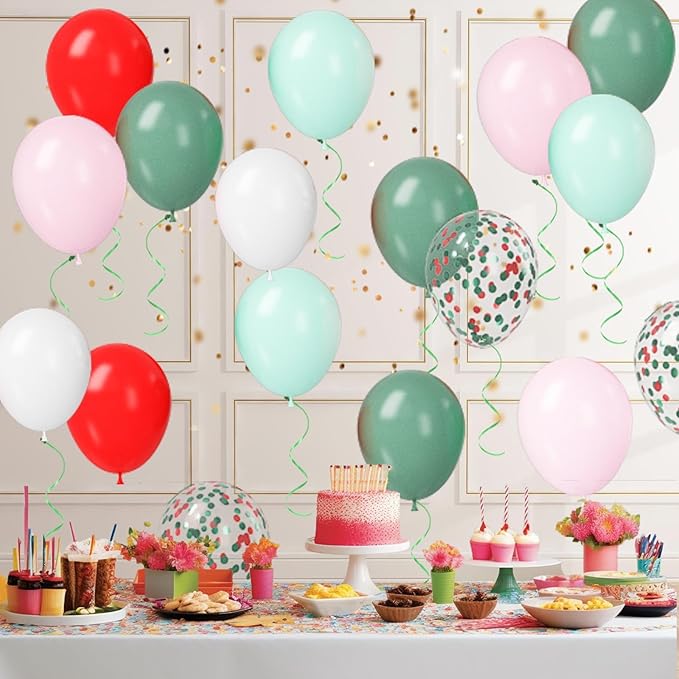 Paready Christmas Balloons, 50Pcs 12 Inch Red, Green, White, Pastel Pink Retro Bean Confetti Balloons for Birthday, Baby Shower, New Year, Christmas Party Supplies