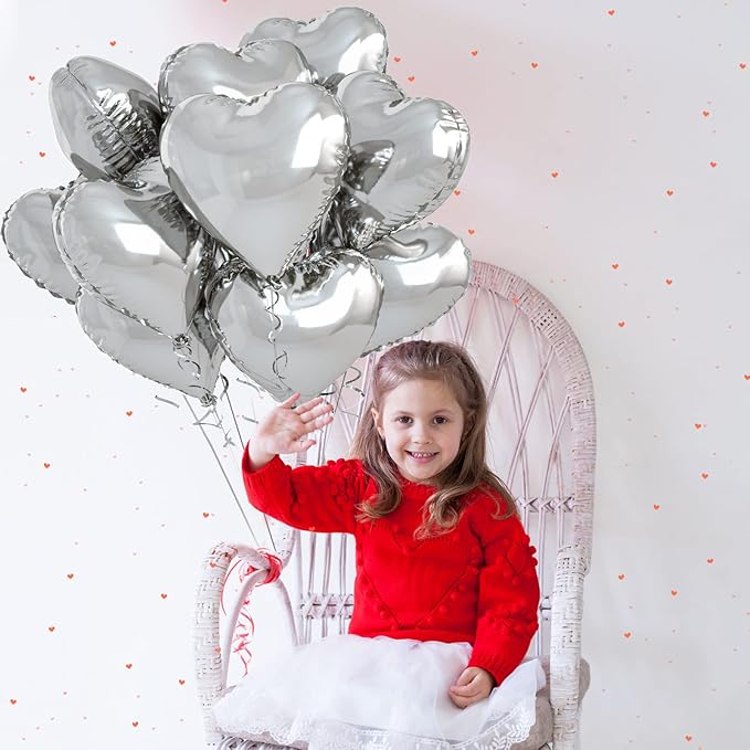 Biapian Silver Heart Balloons, 10PCS Valentines Balloons 18inch Love Foil Balloons for Helium Birthday Decorations for Valentines Day, Wedding, Birthday, Baby Shower