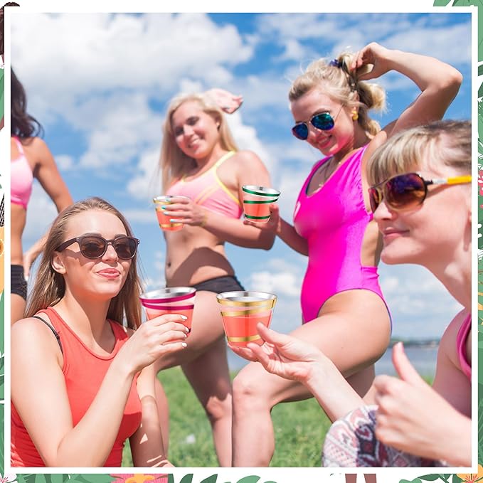 Gejoy 9 oz Rimmed Swirl Plastic Cups Disposable Wine Drinking Cups Clear Elegant Halloween Tumblers for Christmas Party Supplies(Hot Pink, Gold, Green,60 Pcs)