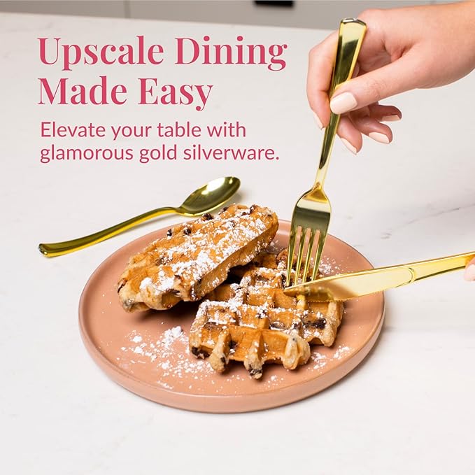 Prestee 120 Cutlery Set - Gold Plastic Silverware Set of 40 Forks, 40 Spoons, 40 Knives - Heavy Duty Plastic Utensils and Disposable Flatware - Elegant Knives Spoons and Forks Set for Events