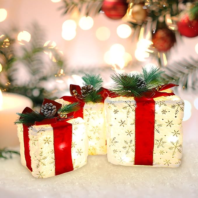 MorTime Christmas Lighted Boxes with Bows, Set of 3 Plush Gift Boxes with Gold Snowflake Pinecone Berry, Present Boxes with 60 LEDs for Christmas Decorations