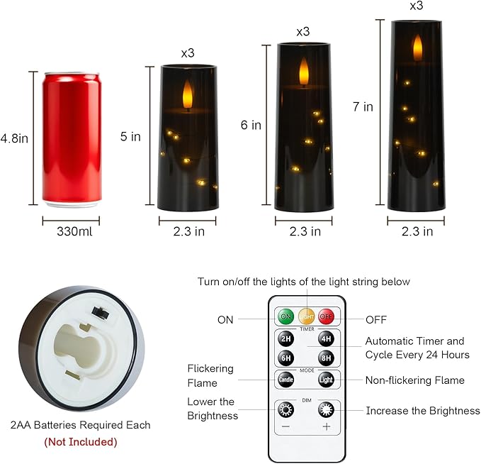 Raycare Flameless Candle with Remote Timer – 9 Flickering Acrylic Battery Operated LED Pillar Candles with Embedded Star String for Halloween, Home Decor, and as a Gift (Black)