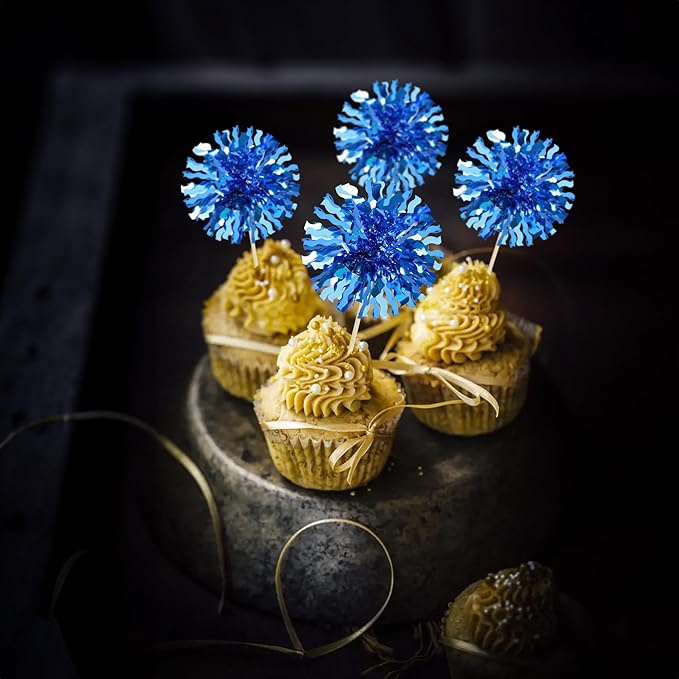 Ephlyn 30Pcs Foil Firework Cupcake Toppers Blue Tinsel Flower Drink Stirrers Cocktail Food Fruit Cake Toppers for Valentine's Day Party Decorations Blue