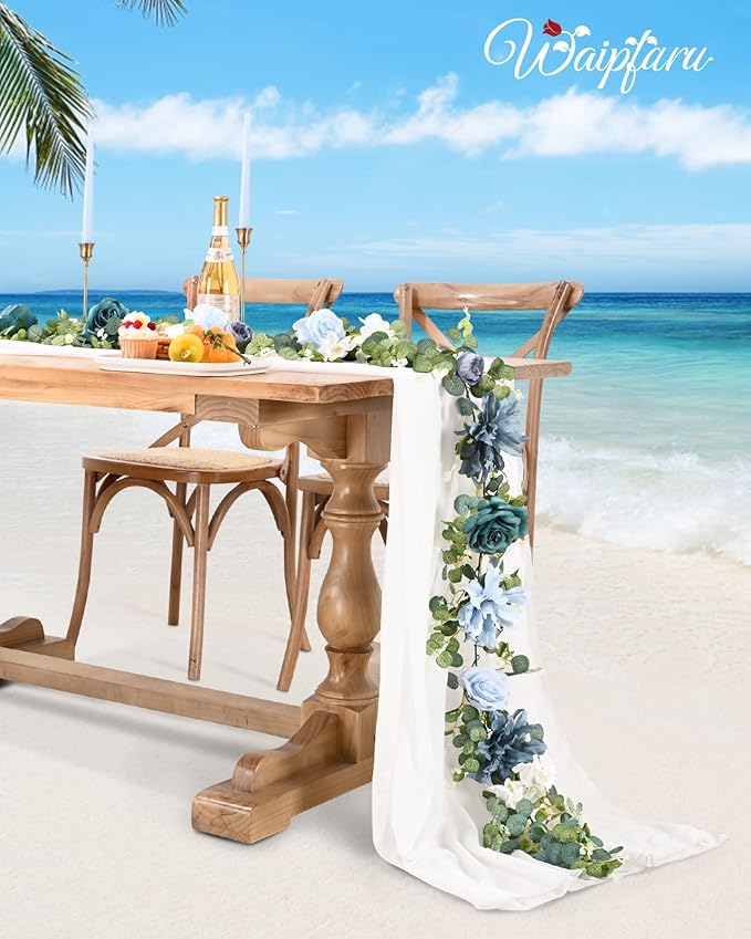 Waipfaru 6.07Ft Artificial Eucalyptus Garland With Flowers - Wedding Table Decorations, Floral Rose for Centerpieces, Backdrop Wall Flower Vines, Room Decor (Dusty Blue)