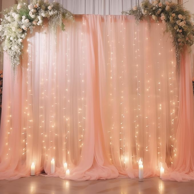 20ft x 10ft Peach Backdrop Curtain with Lights String for Parties, Sheer Tulle Wedding Photo Backdrops Drapes for Baby Shower Birthday Party Decorations Background for Photography