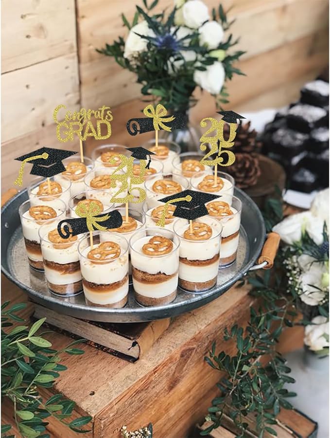 24Pcs Graduation Cupcake Toppers, Graduation Cupcake Picks for Cupcake Food Decorations - Class of 2025 Cupcake Toppers Supplies (Gold)