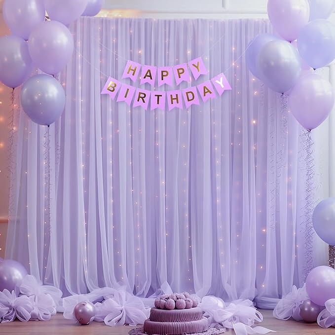 10ft x 8ft Purple Backdrop Curtain with Lights String for Parties, Sheer Tulle Wedding Photo Backdrops Drapes for Baby Shower Birthday Party Decorations Background for Photography