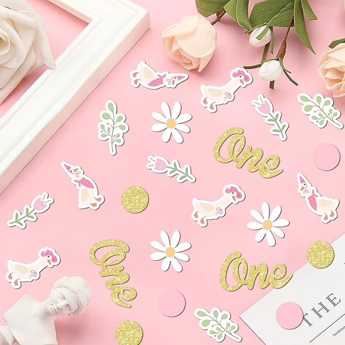 220PCS One Silly Goose Birthday Decor for Girl, Goose Dot Leaves Flower 1st Birthday Confetti for Pink and Gold First Bday Decorations.