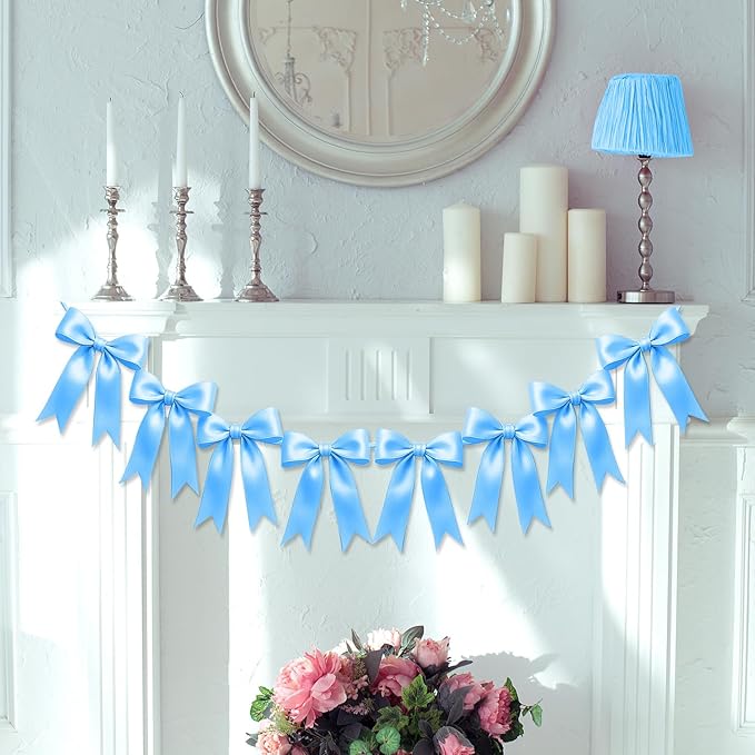 1 String of 8PCS Blue Bow Garland Banner Decoration,Pre-Strung Satin Ribbon Ornaments for Birthday,Bachelorette Party,Bridal Shower,Wedding,Engagement,Baby Shower,Graduation Decor,Anniversary
