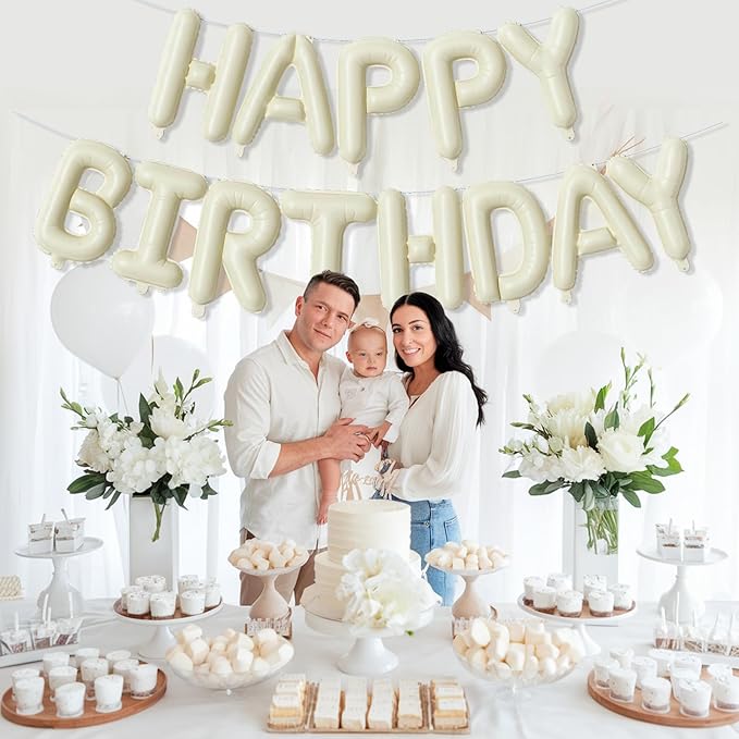 16 Inch Beige Happy Birthday Balloon Banner, Cream White Foil Happy Birthday Balloons Sign for Boys Girls Men Women Birthday Party Decorations Supplies