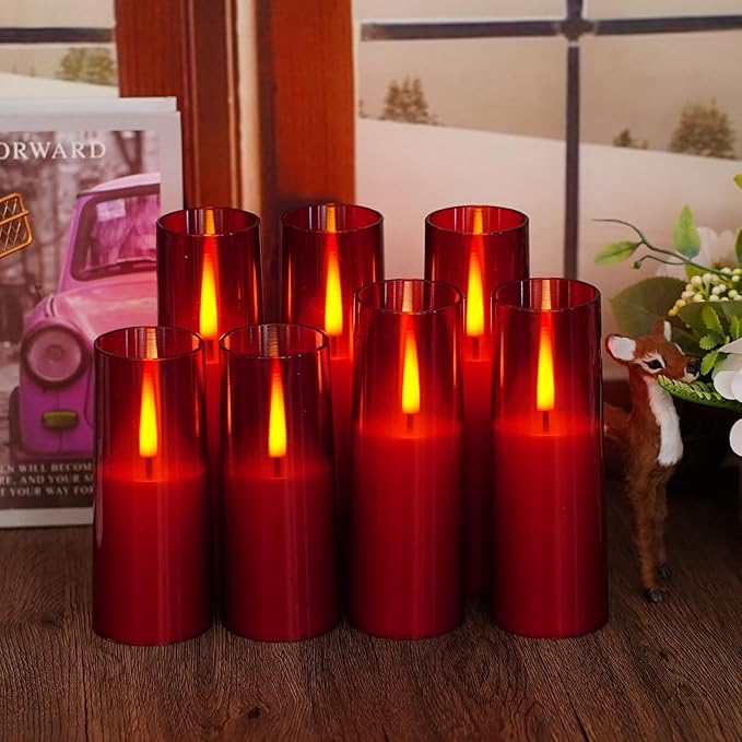 Flickering Flameless LED Candles 7Pcs, Realistic Dancing Flame with Remote & Timer, Acrylic Electric Pillar Candles for Festivals Decor (Red)