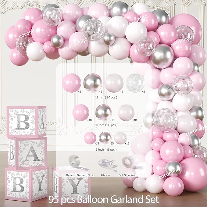 227pcs Winter Baby Shower Decorations, All-in-one Winter Supplies Pack Includes 20 Tableware, Pink A Little Snowflake Is on The Way Backdrop Tablecloth, Baby Its Cold Outside Baby Shower Decorations