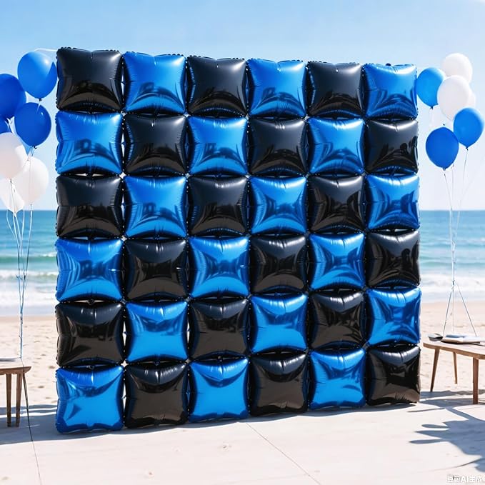 NISOCY 25PCS Black and Blue Square Foil Balloons Wall Backdrop Double Sided Black and Dark Blue Balloons Arch Kit for Birthday Graduation Retirement Anniversary Baby Shower Party Decorations