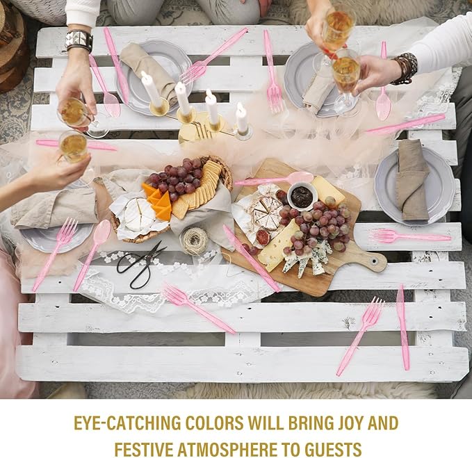 Plastic Silverware Heavy Duty Plastic Cutlery Set Heavyweight Disposable Flatware Includes Spoons Forks Knifes for Birthday Party Prom Night Wedding Dinner (180, Clear Pink)