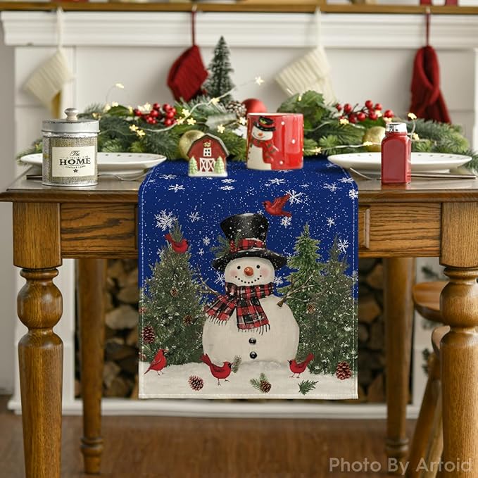 Artoid Mode Snowman Birds Trees Christmas Table Runner, Seasonal Blue Winter Holiday Kitchen Dining Table Decoration for Home Party Decor 13 x 60 Inch
