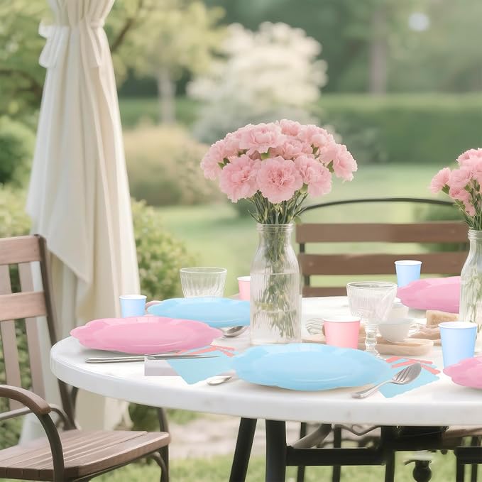 260 Pcs Blue And Pink Party Supplies - For 52 Guests Paper Plates And Napkins/Cups - Disposable Big Scalloped Dinner Party Set Cutlery - For Bbq Baby Shower Bridal Shower Wedding