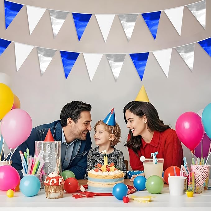 65FT Navy Blue White Silver Glitter Triangle Pennant Banner Flag Metallic Bunting Fabric Garland for Christmas Graduation Wedding Bridal Shower Nautical Ahoy Achor Theme Party Decorations Supplies