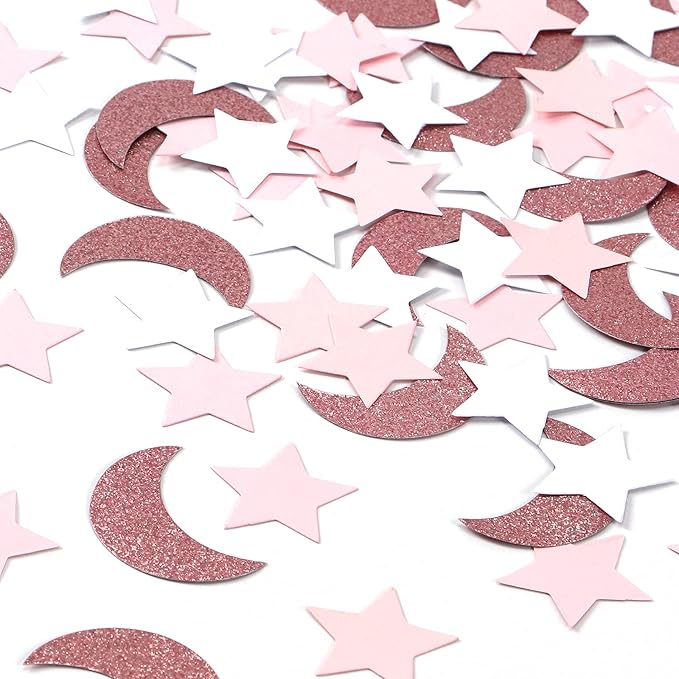 Rose-Gold Pink-White Moon Star Confetti - 300pcs Glitter Twinkle Little Star Table Confetti Eid Ramadan Mubarak Decoration Birthday Wedding Baby Bridal Shower Party Decor Lasting Surprise