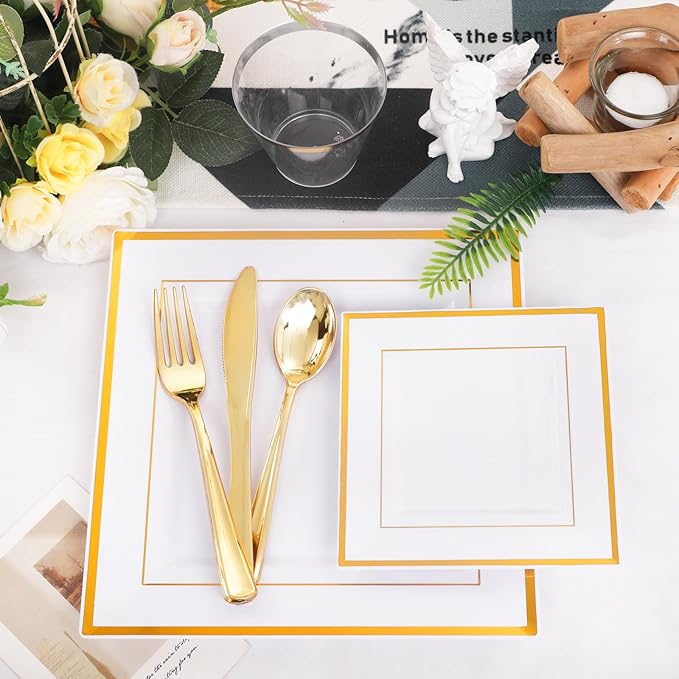 Festiva 350Pcs Gold Plastic Plates - Disposable Square Gold Plates Dinnerware set include 9.5"/6" Plates,Cups,Plastic Cutlery,Hand Napkins Perfect for 50 guests Party&Wedding&Thanksgiving&Christmas