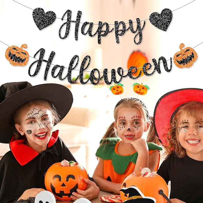 Pre-Strung Black Glitter Halloween Decorations Banner for Haunted House with Pumpkin Decorations Happy Halloween Mantle Home Party Decor Indoor Outdoor NO DIY