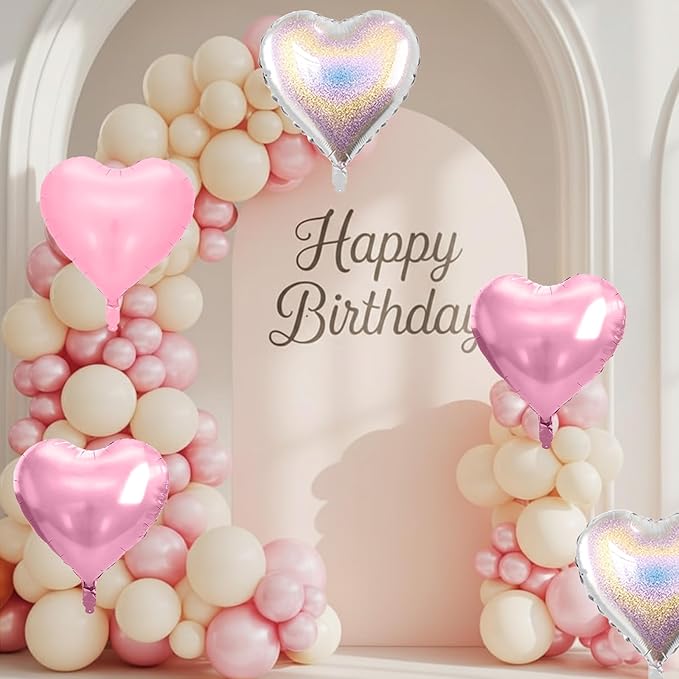 Pink and Silver Heart Balloons, 10 Pcs Pink Laser Silver Heart Shaped Balloon, 18 Inch Metallic Glitter Stars Foil Balloons for Girls Women Princess Brithday Baby Shower Valentines Party Decorations