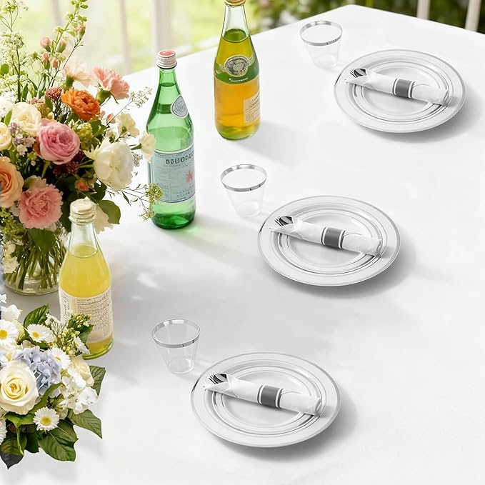 175 Piece Silver Dinnerware Set,25 Silver Rim Plastic Plates, 25 Cups,25 Pre Rolled Napkins with Plastic Silverware, Disposable Dinnerware Set for 25 Guest