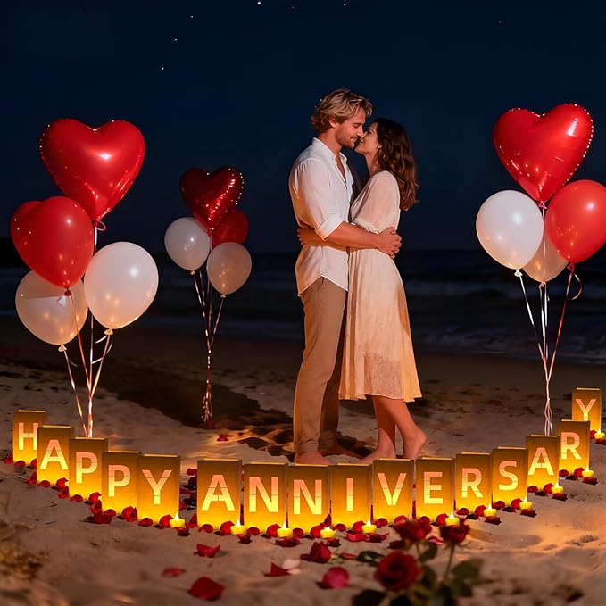 Happy Anniversary Light Up Letters, Include Light up Letters, with Tea Lights Candles, Latex Balloons, Aluminum Balloons and Rose Petals, Anniversary and Valentines' Day Decorations for Women