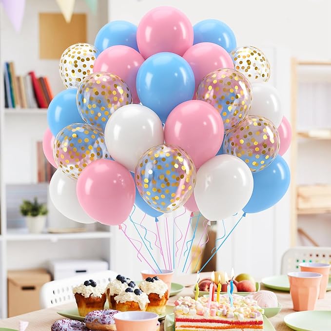 Patimate Gender Reveal Pink and Blue Balloons Set, 50 pcs 12 inch Pastel Blue Pink White Confetti Latex Balloons Kit for Gender Reveal Baby Shower Birthday Party Decorations