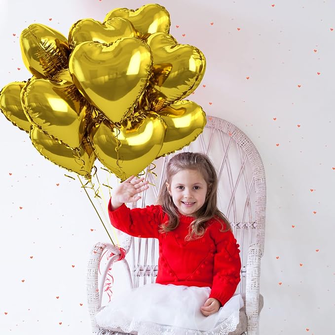Gold Heart Foil Heart Shaped Balloons, 10PCS Gold Foil Heart Balloons Valentines Balloons, 18inch Gold Love Foil Balloons for Helium Valentine Decorations for Gold Wedding, Brithday Party, Anniversary