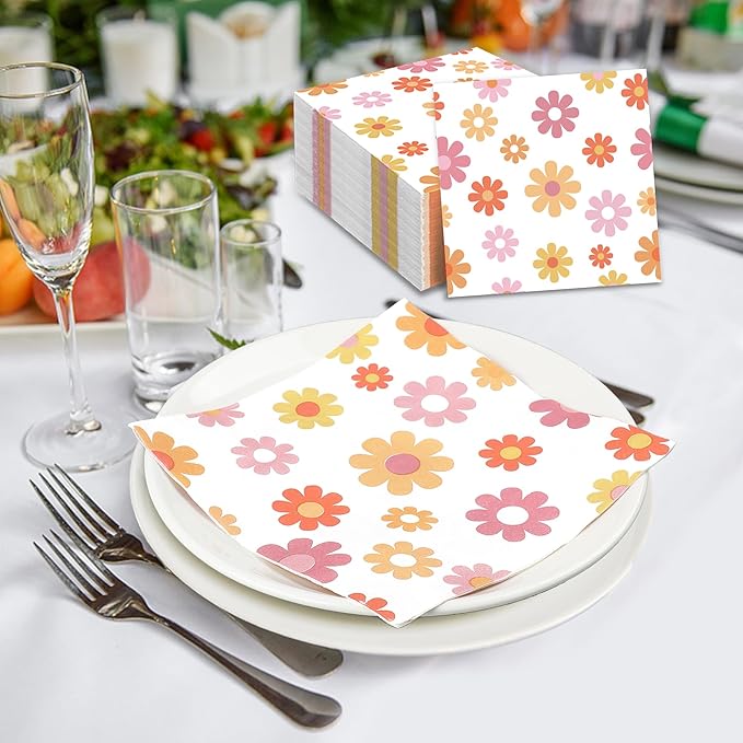 120 PCS Daisy Paper Napkins Groovy Daisy Boho Dinner Napkins Disposable Flower Decorative Party Napkin for Baby Shower Birthday Wedding Seasonal Holiday Party Supplies