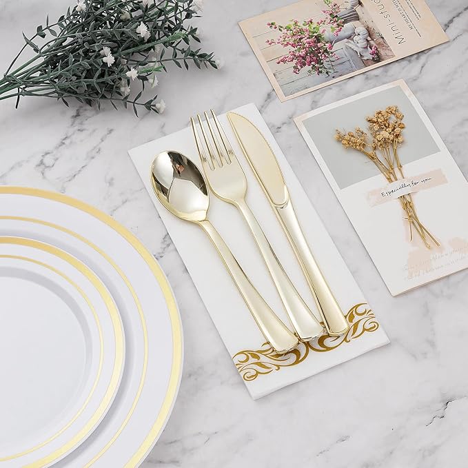 BESTVIP 175 PCS Gold Dinnerware Set for 25 Guests, Plastic Dinnerware Set for Party, Wedding, Christmas, Halloween, Include: 50 Plastic Plates, 25 Gold Silverware, 25 Cups, 25 Paper Napkins