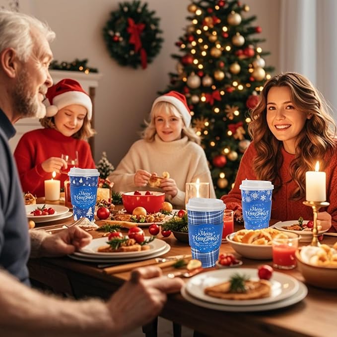 72 Set Christmas Disposable Coffee Cups with Lids and Sleeves Snowflake Reindeer Paper Drinking To Go Cups for Winter Holiday Christmas Party Coffee Bar Decor Business Supplies (Blue)