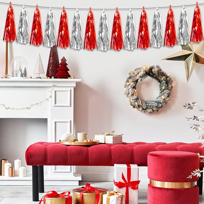 3P Red Silver Foil Fringe Metallic Tassel Streamers Banner Tassel Garland for Parade Floats, Bachelorette, Wedding, Birthday, Halloween, Christmas, Bridal/Baby Shower Party Decorations