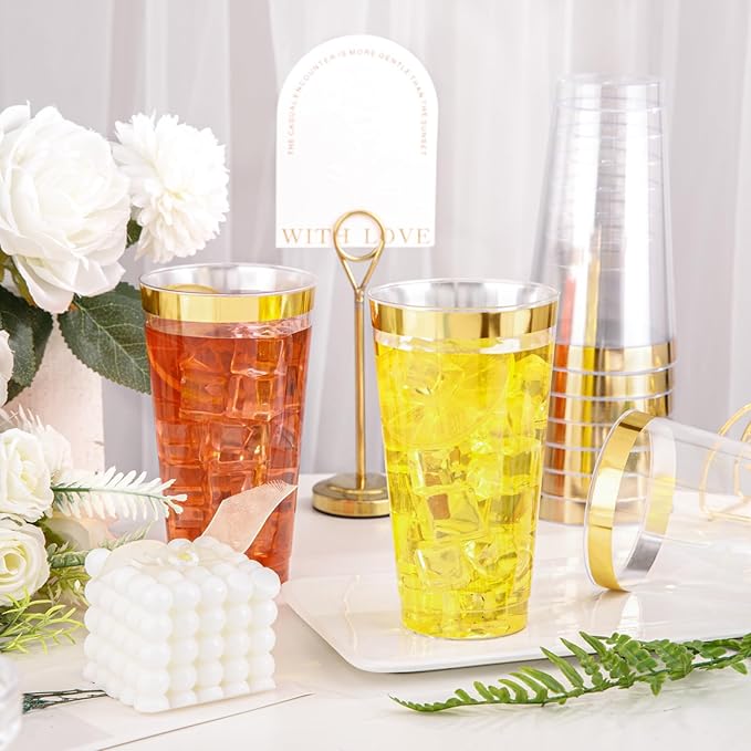 I00000 16 oz Gold Plastic Cups, 50 Pack Clear Plastic Cups Tumblers Gold Rimmed Disposable Cup, Heavy-duty Disposable Cup Perfect for Halloween, Thanksgiving and Christmas Parties