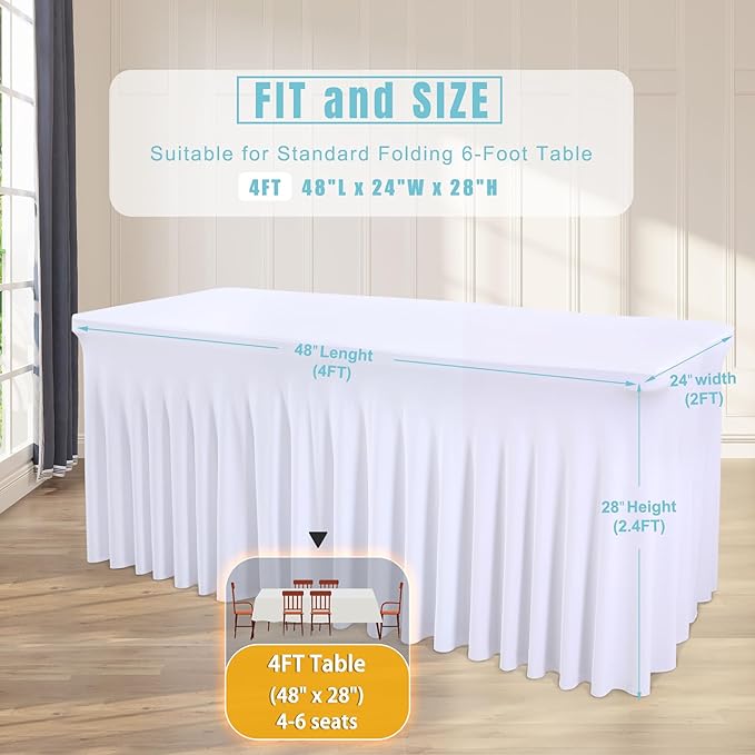 1 Pack White Table Clothes for 4 Foot Rectangle Tables, One-Piece Wrinkle Resistant Stretch Spandex Table Covers with Skirt for Event Banquet Wedding Birthday Party