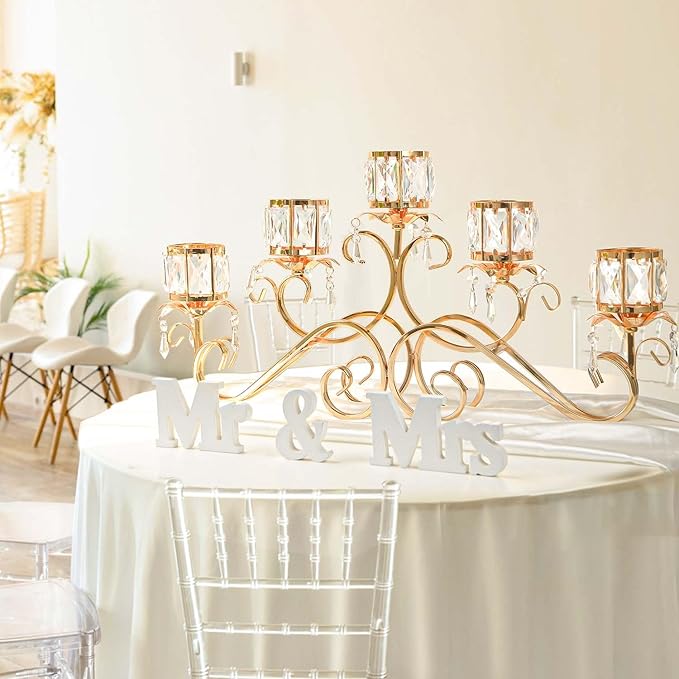 Gold 5 Arms 26.8 Inches Wide Crystal Pendant Bowl Tea Light Candle Holder, Large Bling Centerpiece Table Decorations, Metal Votive Candle Holders for Dining Table (Gold, Cup-Shaped)