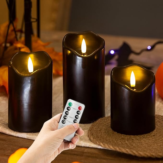 Halloween Flameless Candles with Remote, 3 Pack Battery Operated Wax LED Flickering Candles Halloween Home Party Decor for Fireplace/Shelf/Centerpiece Black