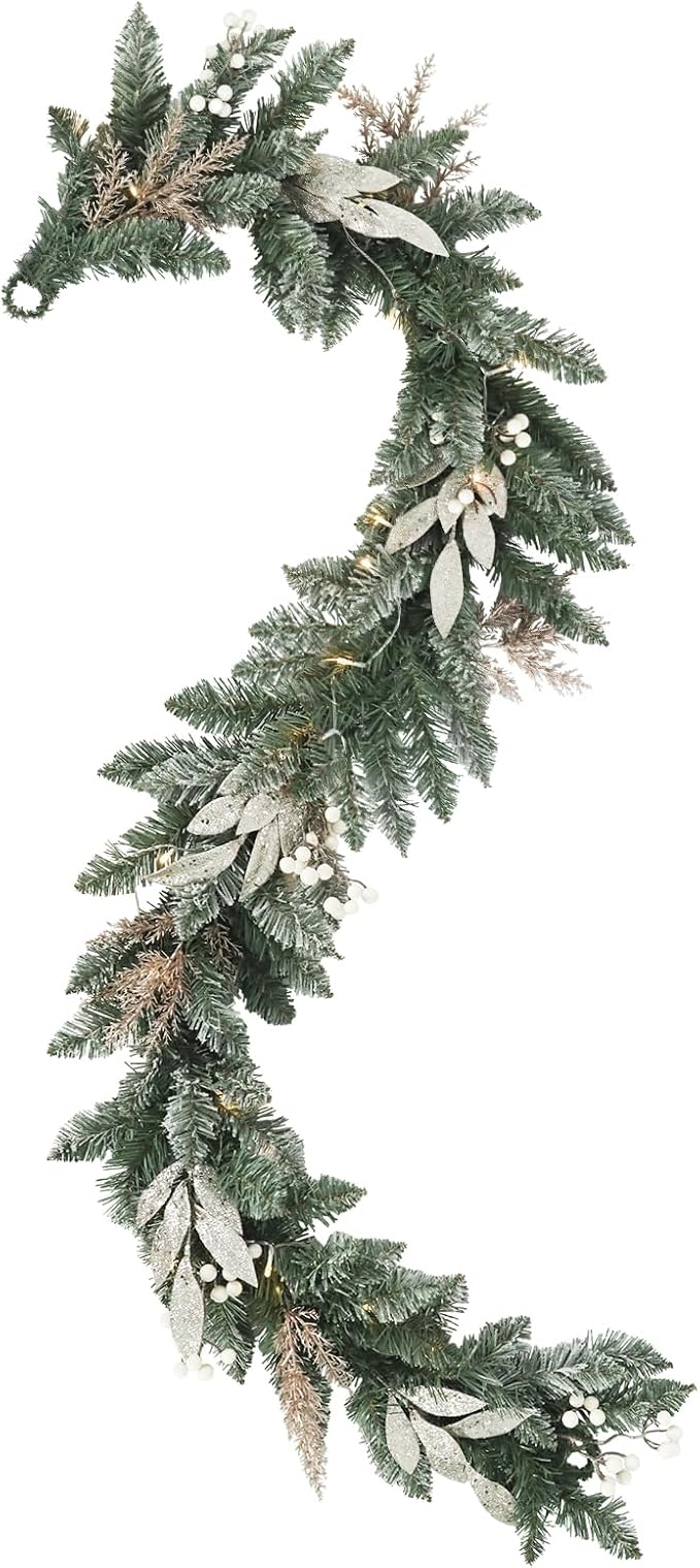 Bdor 6FT Christmas Garland with Glitter Leaves and Berries – Pre-Lit Artificial Pine Garland with Champagne Gold Accents – Elegant Holiday Decoration for Mantel, Staircase, Fireplace, and Front Door